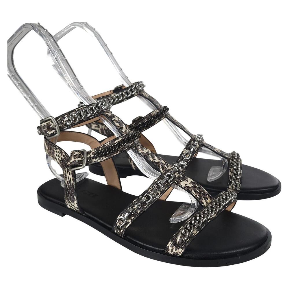 COACH Haddie Gladiator Sandals Size 8 Black Gray Snakeskin Chain Trim Flats